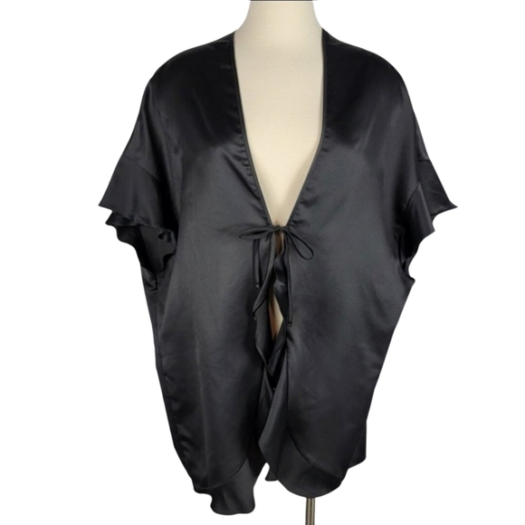Victoria's Secret Other - Victorias Secret Kimono Robe Womens One Size Black Satin Ruffle Tie Front Cover
